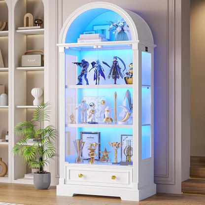Arched Display Cabinet with Glass Doors, 72" Tall Curio Cabinet with Human Sensor Lights, 4-Tier Display Case for Collectibles Bookcase Living Room - color: White