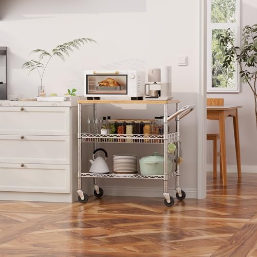 WDT 3 Tier Rolling Kitchen Carts with Wheels, Heavy Duty Rolling Utility Cart with Wood Tabletop, Commercial Grade Metal Cart with Handle and Hooks, NSF Storage Serving Island Carts, Light Wood+Metal - color: Light Wood+metal-3 Tier