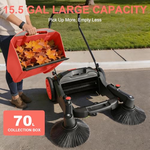 43" Walk-Behind Hand Push Floor Sweeper, 15 Gallon Waste Container, 46000 Sq Ft/H Efficiency, Angle & Height Adjustable Folding Handle for Yard, Garage, Patio & Walkway Cleaning (Red) - color: Red