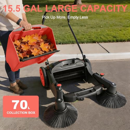 43" Walk-Behind Hand Push Floor Sweeper, 15 Gallon Waste Container, 46000 Sq Ft/H Efficiency, Angle & Height Adjustable Folding Handle for Yard, Garage, Patio & Walkway Cleaning (Red) - color: Red
