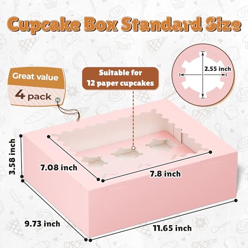 RYDDOY 4 Pack Pink Cupcake Boxes, Hold 12 Count Cupcake, Cupcake Carriers - color: Pink