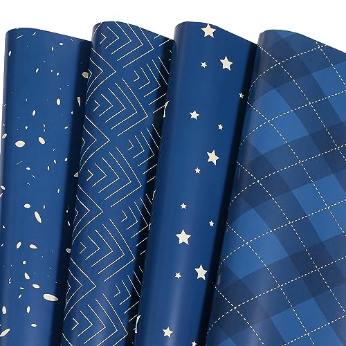Ulmasinn Wrapping Paper Flat 8 Sheets for Birthday, Holiday, Father'S Day, Weddings, Graduations, Navy Printed with Geometric Patterns, Checks, Stars, Spots 20 X 29 Inches Each - color: Birthday deep blue