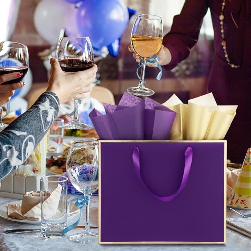 ReliThick 12 Pack Paper Gift Bag with Handles & Tissue, Dark Purple, Gold - color: Dark Purple, Gold