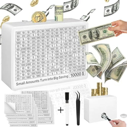 White Wooden Money Box with Interactive Savings Jar for Adults, Kids, Boys & Girls – Unbreakable Piggy Bank to Track Progress, Cash Vault Wooden Savings Box, Great Gift for Children - color: White