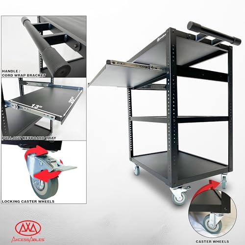 AxcessAbles Computer Cart on Wheels 400LB Capacity, Metal AV Equipment Utility Workstation, with Pullout Keyboard Tray, Locking Caster Wheels.