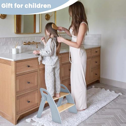 Wooden 2 Step Stool for Toddlers, Foldable 2-Step with Non-Slip Pads and Handles, Bamboo Step Stool for Kids Bathroom Sink and Potty Training, Kitchen Helper, Nursery Bedroom(Blue) - color: Blue