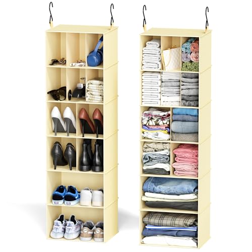 SpaceAid 2 Pack Hanging Closet Organizer and Storage with Dividers, 24 Compartments Hanging Shoe Shelves for Closet, Wardrobe, RV, Garment Rack - Beige - color: Beige