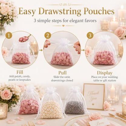 Sukh 100pcs Organza Bags 5''x7'' - White Mesh Drawstring Gift Bags - color: White, size: 100 Count (5 x 7 Inches)
