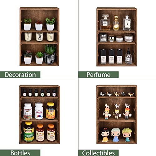 Ikee Design Wooden Wall-Mounted Display Shelves Rack for Collectibles-Figures,Shot Glasses,Spice Can,Cosmetics or Perfume-5 Adjustable Height Shelves,Space-Saving- Brown Color - color: Brown, 5 Shelves