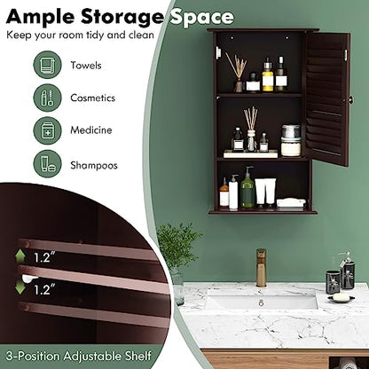 COSTWAY Bathroom Wall Cabinet, Large Capacity Storage Cabinet (Brown) - color: Brown