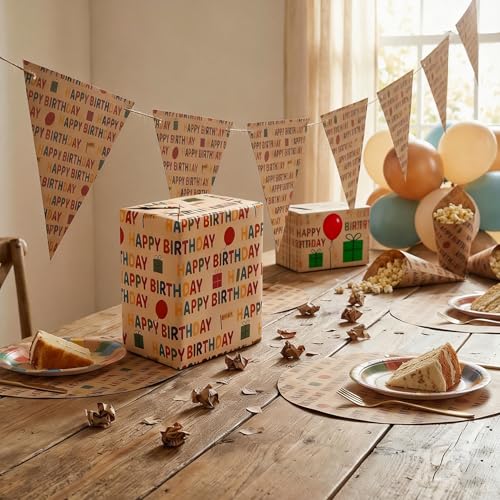 VOWOVOSDAY Birthday Wrapping Paper,Gift Wrapping Paper Roll,Kraft Wrapping Paper-17 inch X 33 Feet Per roll,Colorful Happy Birthday Pattern for Boys Girls,Baby Shower(10Happy Birthday) - color: Kraft Happy Birthday
