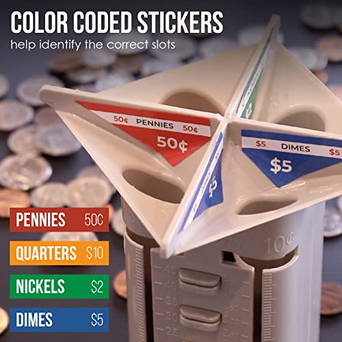 Nadex All-in-One Manual Coin Tender - Counter and Wrapper Tube with 32 Coin Wrappers | Great Storage and Organization Solution | Slots for Pennies, Nickels, Dimes, and Quarters