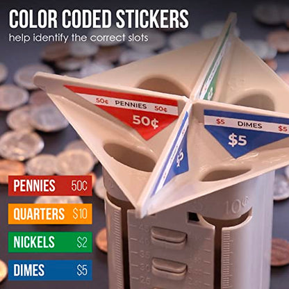 Nadex All-in-One Manual Coin Tender - Counter and Wrapper Tube with 32 Coin Wrappers | Great Storage and Organization Solution | Slots for Pennies, Nickels, Dimes, and Quarters
