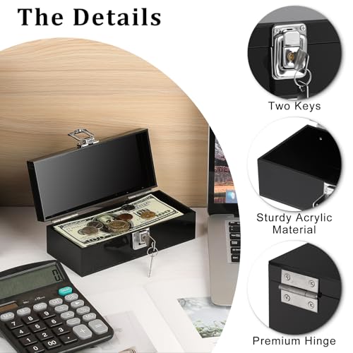 Acrylic Cash Box with Lock, Black Money Holder Organizer - color: Black, size: 7 x 3.1 x 2.3 Inch
