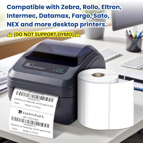 ESSENTIAL 4" x 2" Direct Thermal Labels, 1" Core (3000 Labels, 4 Rolls) - size: 4"x2"-750 Labels/ Roll