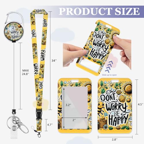 Cute Bee ID Badge Holder with Lanyard and Retractable Badge Reel - color: Bee Happy