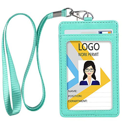 Teskyer Leather ID Badge Holder with Lanyard, Vertical Cyan - color: Green, size: Vertical