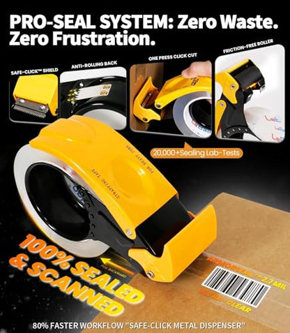 Heavy Duty Packing Tape with Metal Dispenser, 2.7 Mil Ultra-Thick Shipping Tape for Moving & Packaging, 1.88" x 60 Yards, 1 Roll Industrial Clear Tape with Pro-Seal Cutter System - size: 1-Roll with Dispenser,1.88'' x 60Yd.