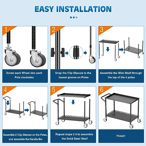 Utility Tool Cart with Wheel, 45In Large Rolling Utility Carts with Handle - color: 2-black, size: 2 Tier