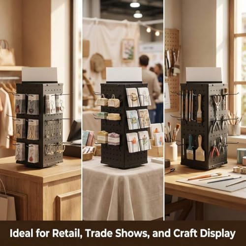 QWORK Rotating Metal Pegboard Display Stand – 4-Sided Spinner with 24 Hooks for Jewelry, Craft & Retail Use
