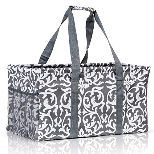 Extra Large Utility Tote Bag - Oversized Collapsible Beach Bag - Damask Gray - color: Damask Gray