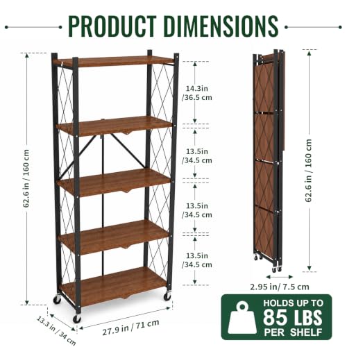 black leopard 5-Tier Foldable Shelf with Wheels, Wood-Grain Steel Shelves