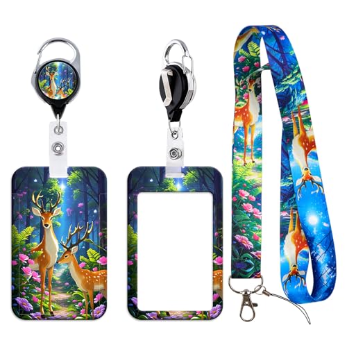 Cute Deer Teacher Lanyards for ID Badges, Fancy Pattern Badge Holder with Neck Lanyard & Heavy Duty Retractable Reel Clip, Forest Animal Keychain Lanyard for Kids, Girl, Women - color: Deer
