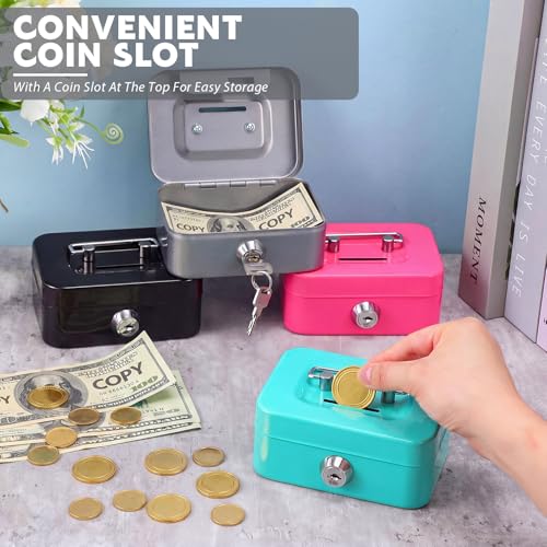 Tandefio 24 Pcs Small Money Cash Box with Lock and Slot Metal Box for Cash Steel Organizer Piggy Bank Metal Coin Bank for Adults, 4.5 x 3.3 x 2 Inch, Without Money Tray (Black,Green,Gray,Pink) - color: Black, Green, Gray, Pink