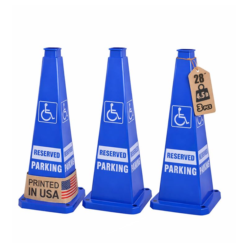 28inch 3PACK Safety Caution Cones with “ADA REVISED PARKING” Sign 4-Sided Printed. Heavy Rubber Weighted Base, For Parking Lot, Accessible Space and Facility Management Usage - color: ADA REVISED PARKING/BLUE, size: 28inch