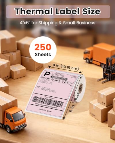 Phomemo Pink 4x6 Thermal Label, Shipping Labels Pack of 250 4x6 Roll Labels, Compatible with Phomemo, Zebra, Rollo, Jadens and Other Thermal Printers - color: Pink
