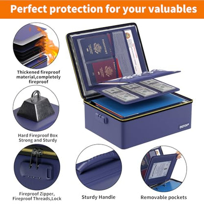 ENGPOW Fireproof Document Box with Lock & Heat-Resistant Fireproof Zipper - color: Blue, size: 15.4 x 11.8 x 5.5 inches