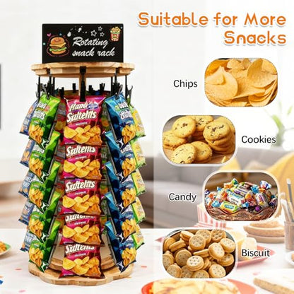 Chip Rack Display Stand 5 Tiers 40 Clips Snack Organizer With Message Board Rotating Potato Chip Rack Display Stand with Wooden Base Chip Holder for Party Retail Concession Countertop