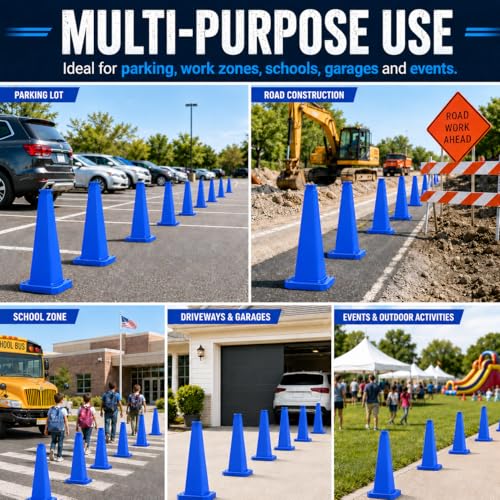 BESEA 3 Pack 36 Inch Blue Traffic Cones with Weighted Base - color: Blue, size: 36INCH