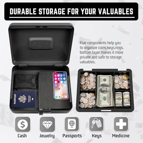 Flexzion Metal Cash Box with Combination Lock, Money Tray, 11.8 in, Black - color: Black