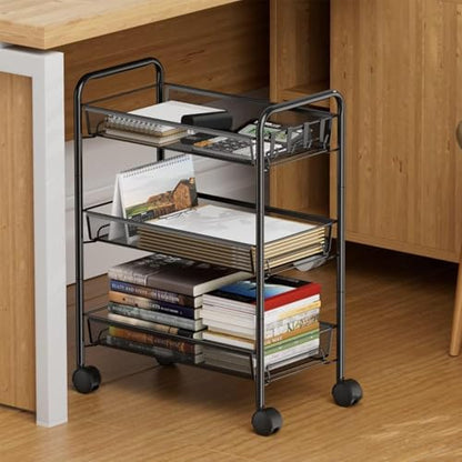 3 Tier Metal Rolling Storage Cart Movable, with Wheels, Black - color: Black