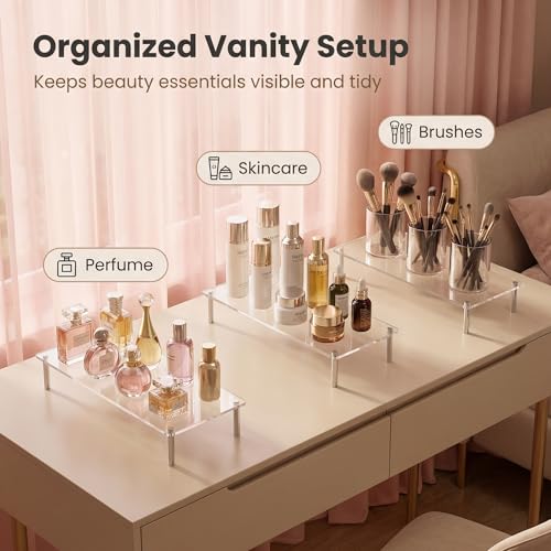 Acrylic Display Risers Set of Three Clear Rectangular Stands with Metal Support Posts for Cake Stand Styling Countertop Tiered Organizer Small Size Transparent One Piece