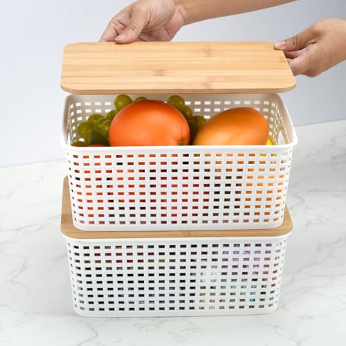 Stackable Storage Bins with Bamboo Lids, 6-Pack, BPA-Free Plastic, 5.1 Qt Capacity, Side Handle, 10x7.2x4.13 Inch, for Home Organization