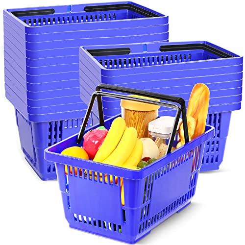 Remerry Set of 20 Bulk Blue Shopping Baskets with Handles 18 L Stackable Plastic Grocery Baskets 16.9x11.8x9.1 Inch Portable Hand Shopping Carts for Commercial Supermarket Retail Store Supplies