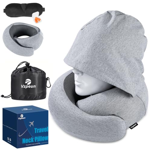 Travel Pillow - Hooded Neck Pillow Airplane Memory Foam Filling - color: Light Gray