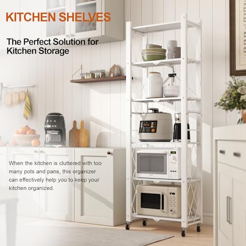 6-Tier Foldable Storage Shelves with Wheels, Folding Metal Shelf Unit - color: White, size: 6 Tier