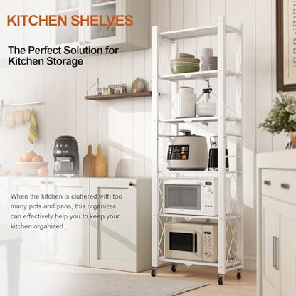 6-Tier Foldable Storage Shelves with Wheels, Folding Metal Shelf Unit - color: White, size: 6 Tier
