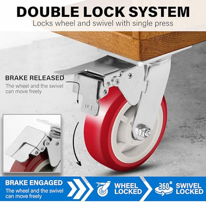 6 Inch Caster Wheels Heavy Duty Casters Set of 4, 6000 LBS Load Capacity - color: Red & Silver, size: 6 Inch