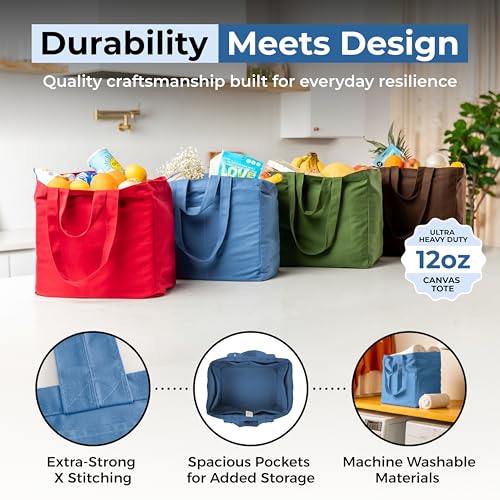 VeraMia Canvas Grocery Bag 3pc XL Set with Real Pockets, Long Shoulder Strap and Short Handle. Heavy Duty, Foldable, Washable - color: Sky Blue
