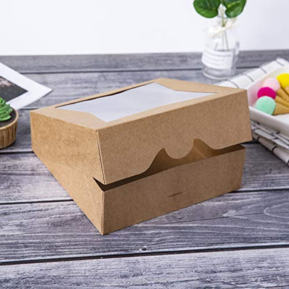 ONE MORE [15pcs] 8" Brown Bakery Pie Boxes, Kraft Cardboard Cookie Box with Window Auto-Popup Natural Disposable Pastries Boxes 8x8x2.5inch,Pack of 15