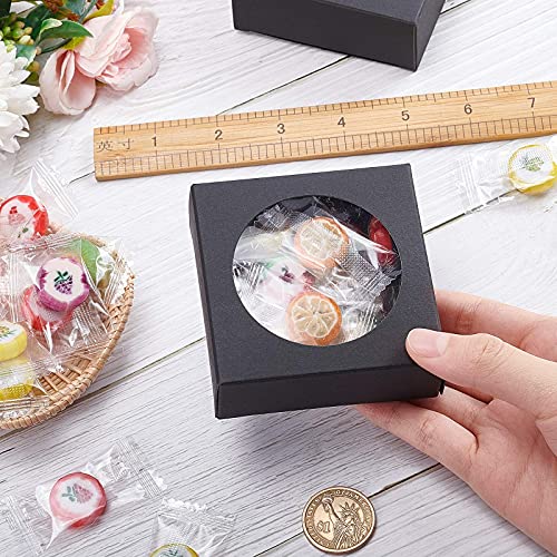 BENECREAT 24 Pack Kraft Paper Boxes with Clear Window 3x3x1.2 Black Kraft Gift Packaging Boxes for Bakery Cookies Cake Candy Wedding Party, Festival Gift Packaging - color: Black, size: 3 X 3 X 1.2 Inch (Pack of 24)