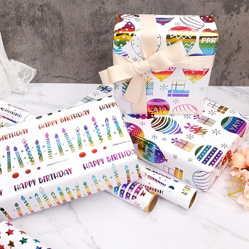 VOWOVOSDAY Happy Birthday Wrapping Paper Roll-3 Rolls-17 inch x 120inch Per roll-Colorful Foil Birthday Wrapping Paper for Valentine's Day,Kids Girls Birthday,Baby Shower(10Balloon&Candle) - color: Iridescent Happy Birthday & Balloon & Candle