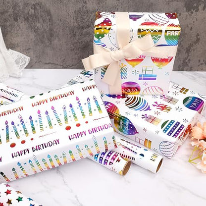 VOWOVOSDAY Happy Birthday Wrapping Paper Roll-3 Rolls-17 inch x 120inch Per roll-Colorful Foil Birthday Wrapping Paper for Valentine's Day,Kids Girls Birthday,Baby Shower(10Balloon&Candle) - color: Iridescent Happy Birthday & Balloon & Candle