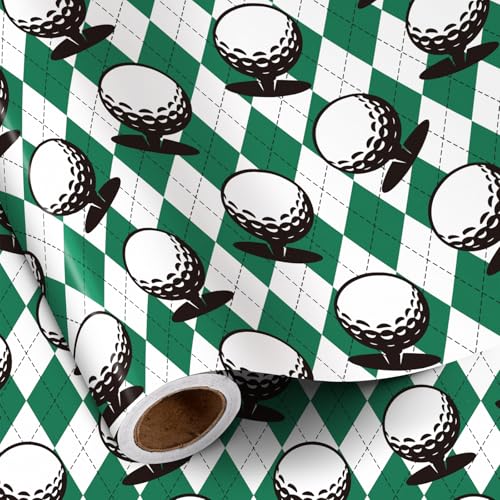 RUSPEPA Golf Wrapping Paper Roll for Men Boys, Mini Roll, Classic Golf Ball and Argyle Plaid Design, Green and White Gift Wrap for Father's Day, Birthday, Sports Party, 17 Inches x 16.4 Feet - color: Golf Ball