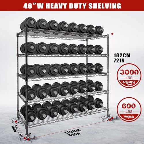 AIRAJ 5 Tier Wire Shelving | 46” W Rolling Wire Rack with Wheels | 3000 LBS Metal Shelving | Storage Shelves Heavy Duty | Garage Shelving Units and Storage | Adjustable Layer Height | 46”W×16”D×72”H - size: 46W