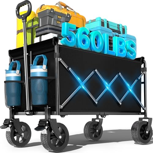 LIAPOTT Wagons Carts Foldable Heavy Duty, 560lbs Beach Wagon with Brakes - color: Blue
